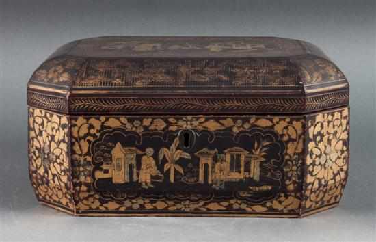 Appraisal: Chinese Export gilt lacquered tea caddy mid- th century exterior