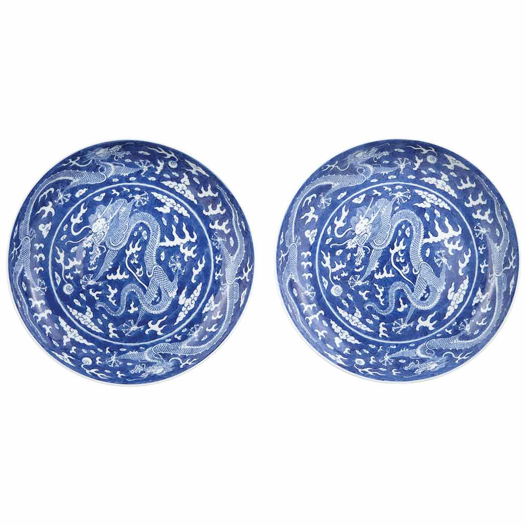 Appraisal: Two Similar Chinese Blue and White Glazed Porcelain Dishes Guangxu