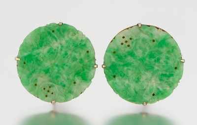 Appraisal: A Pair of Reticulated Jadeite Disk Earrings k yellow gold