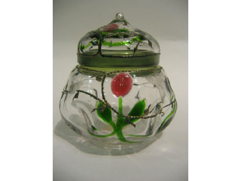 Appraisal: CONTINENTAL ART GLASS LIDDED JAR hand painted floral design and