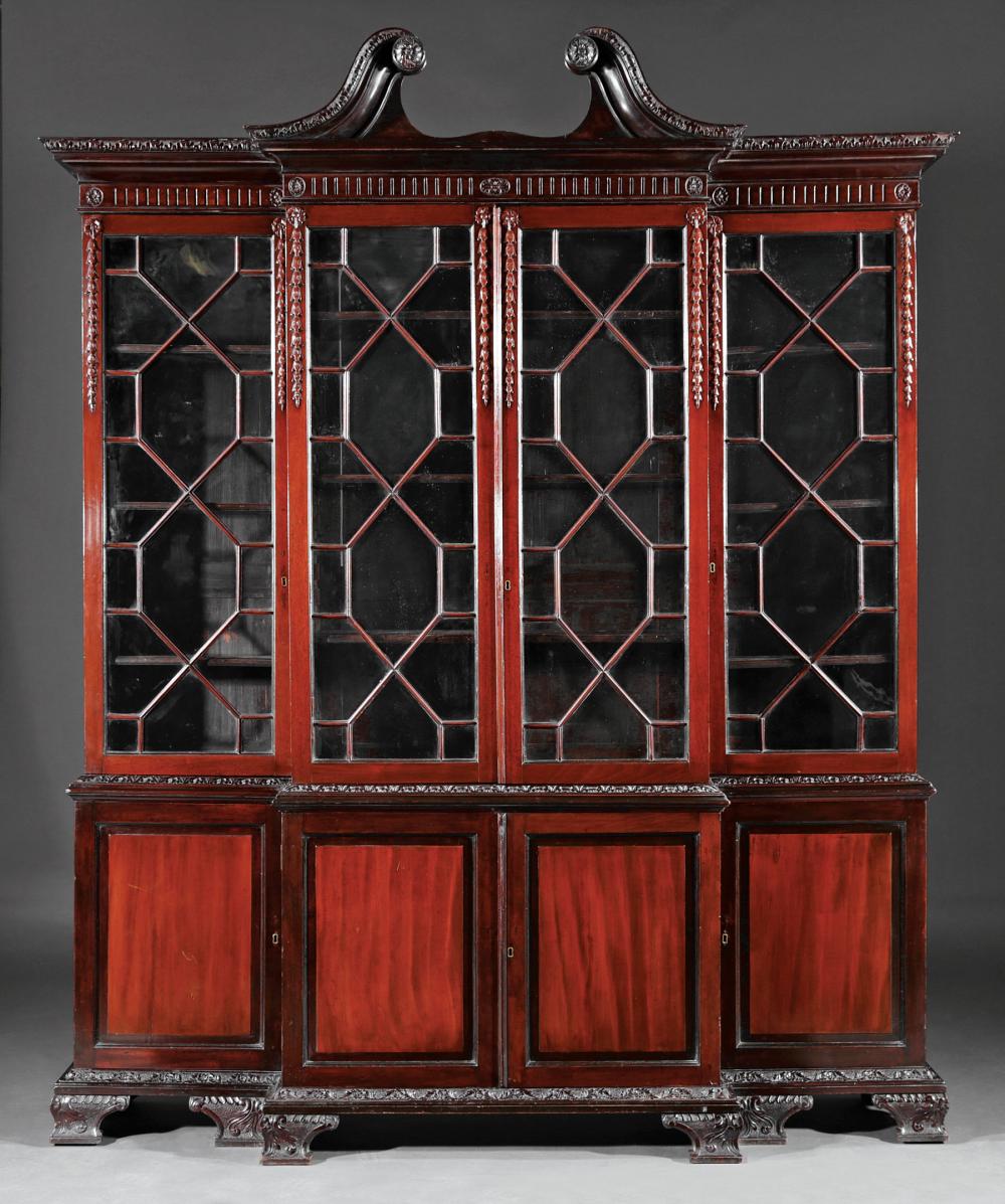 Appraisal: Fine Antique George III-Style Carved Mahogany Breakfront Bookcase th c