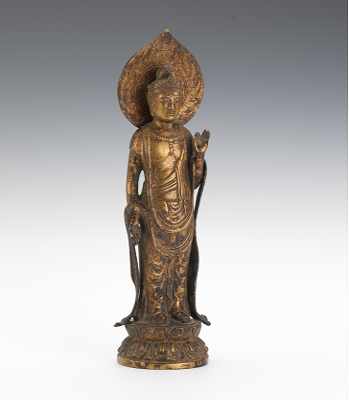 Appraisal: A Cast Bronze Buddha Figure Buddha figure depicted standing atop