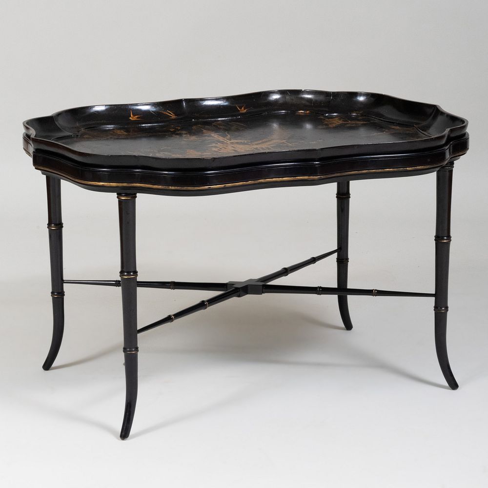 Appraisal: Victorian Black Lacquer and Parcel-Gilt Papier Mach Tray on Later