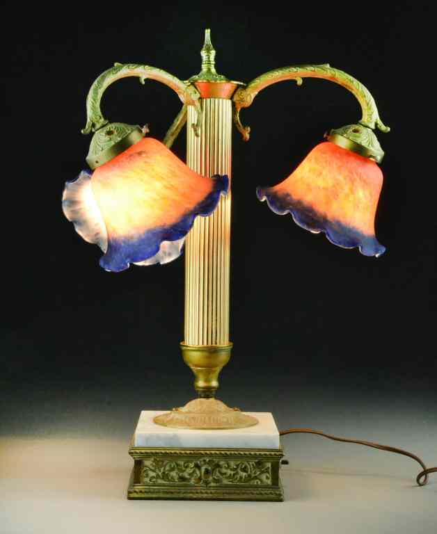 Appraisal: Antique Table Lamp of Bronze and MarbleThree curved arms holding