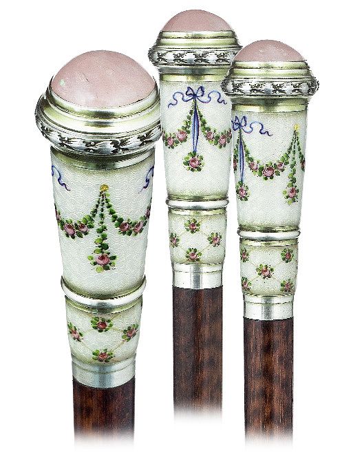 Appraisal: Silver Enamel and Hardstone Indoor Cane Ca -Long and tapering