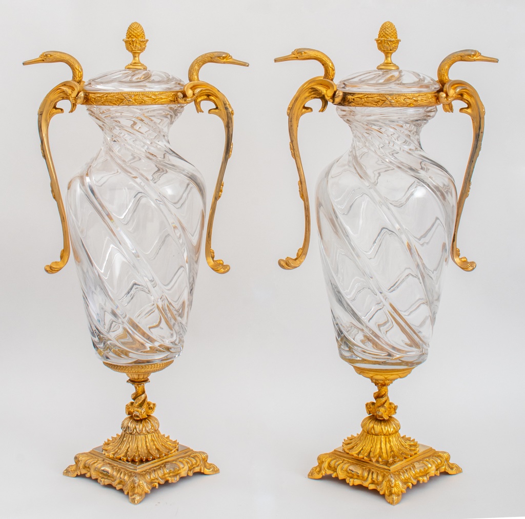 Appraisal: BELLE EPOQUE STYLE GILTMETAL MOUNTED CRYSTAL VASES Cristal Benito French