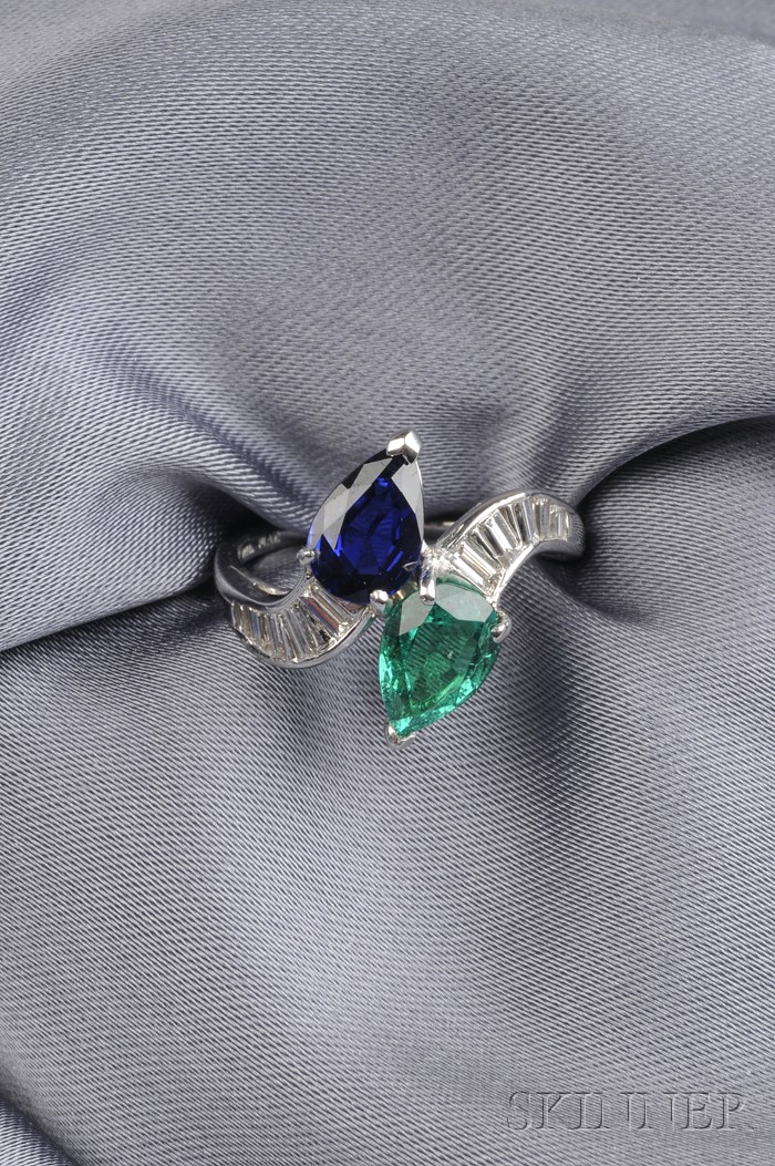 Appraisal: Platinum Sapphire Emerald and Diamond Bypass Ring set with a