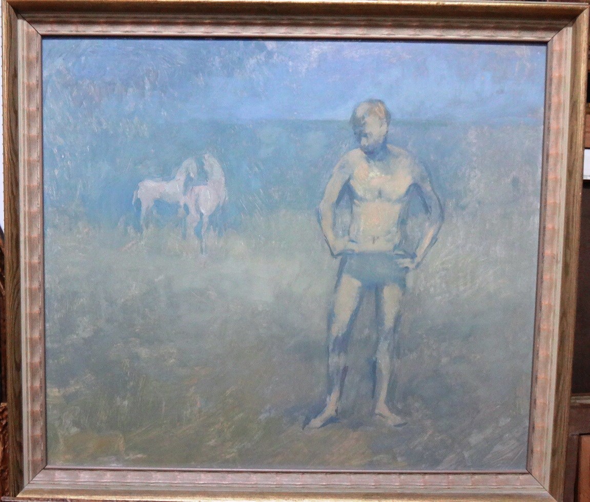 Appraisal: Attributed to Andrew Verster b Standing man with horses oil