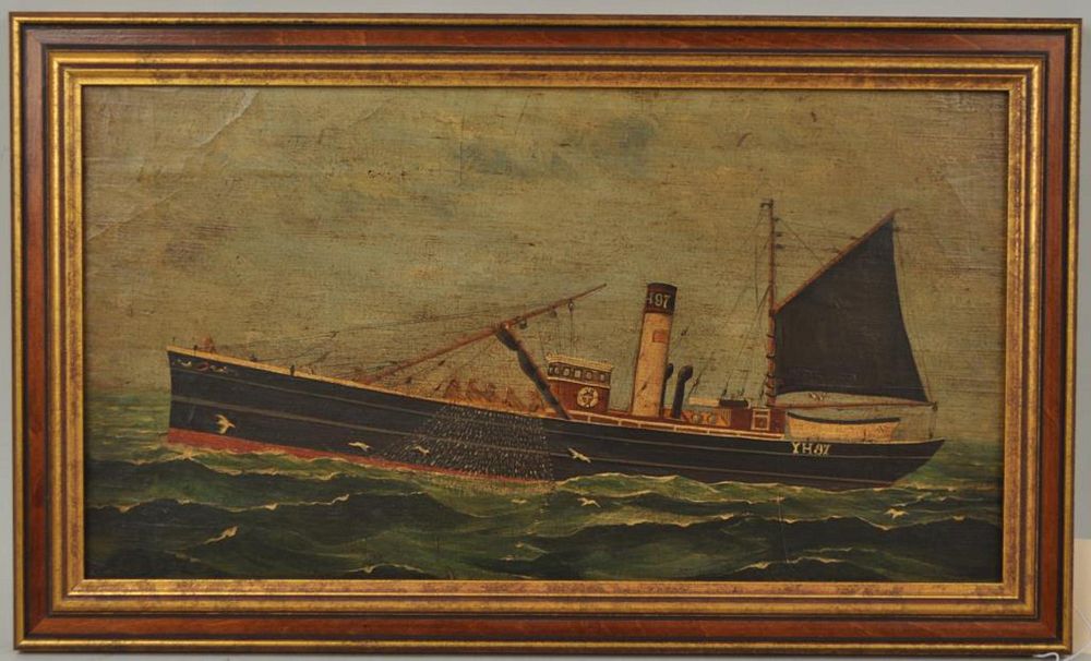 Appraisal: Fishing Trawler YH O C unsigned depicting fishermen deploying net