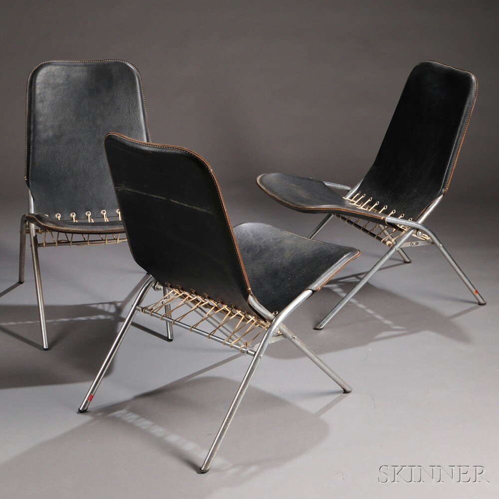 Appraisal: Three Scandinavian Design Folding Chairs Black leather cotton and tubular