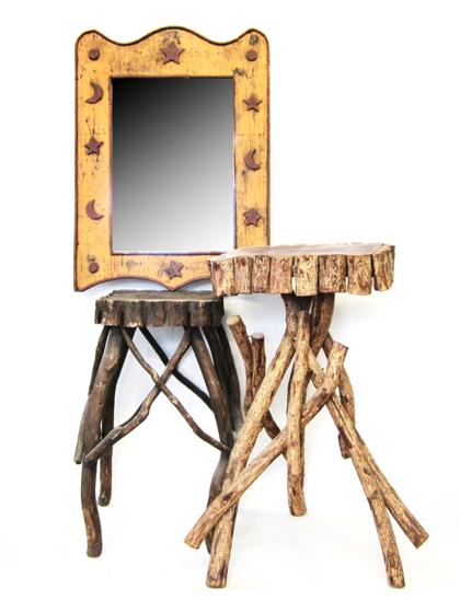 Appraisal: Folk mirror and two rustic standsThe shaped mirror frame painted