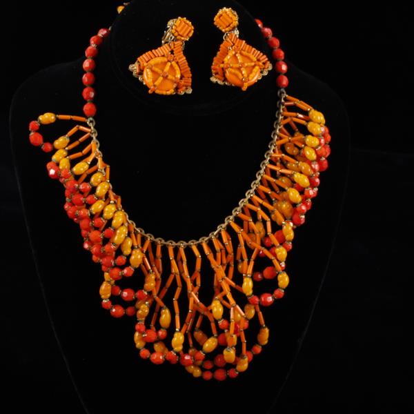 Appraisal: Miriam Haskell pc Sunrise Orange Multi Sand Fringe Bib Necklace