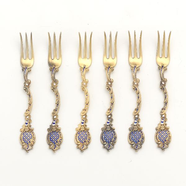 Appraisal: SIX DAVID-ANDERSEN PARCEL-GILT STERLING SILVER AND ENAMEL FRUIT FORKS NORWAY