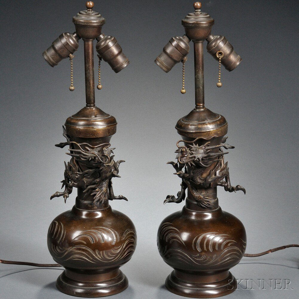 Appraisal: Pair of Bronze Vases Mounted as Lamps Japan bottle shape