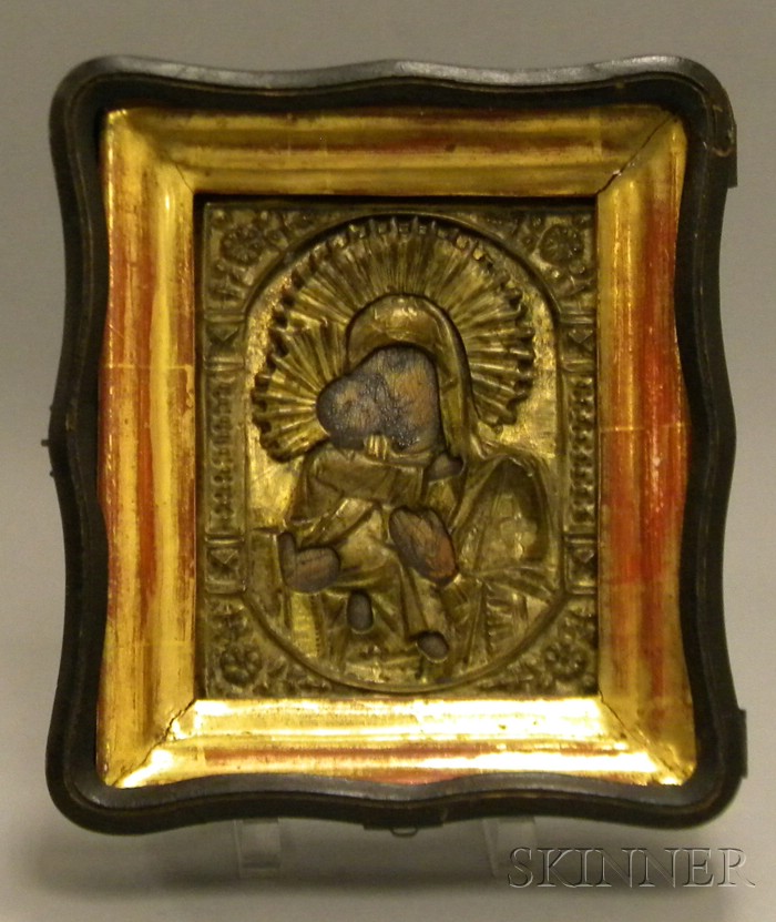 Appraisal: Box Framed Russian Painted Madonna and Child Icon with Brass