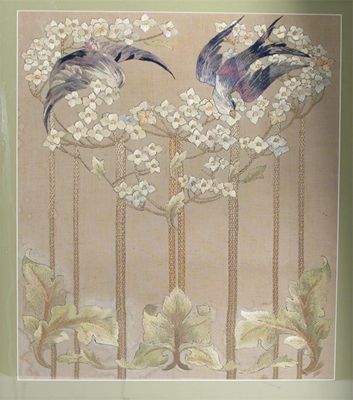 Appraisal: A silk embroidered panel decorated with two swallows flying before