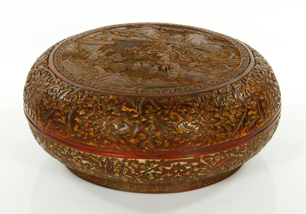 Appraisal: - Chinese Cinnabar Covered Box Chinese cinnabar round covered box