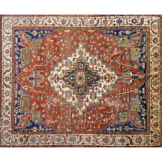 Appraisal: HERIZ CARPET Ivory and deep blue medallion on a brick-red