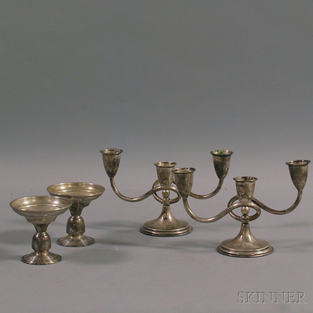 Appraisal: Two Pairs of Sterling Silver Candleholders a pair of unmarked