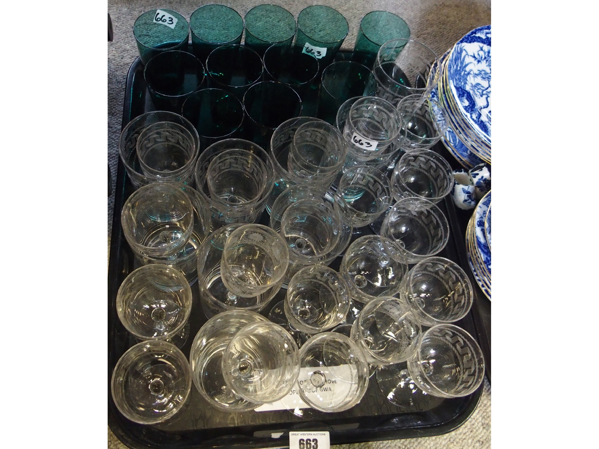 Appraisal: Tray comprising green glass tumblers engraved glass cordial stems and