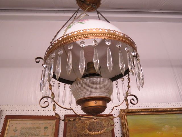 Appraisal: Victorian Hanging Chandelier handpainted white glass shade cut crystal tear