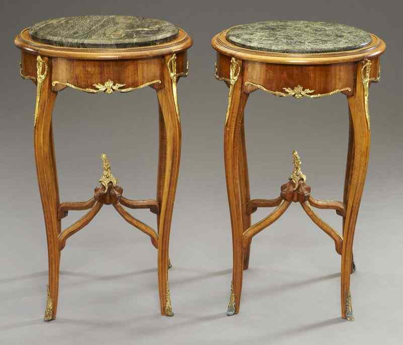 Appraisal: Pr Louis XVI style ormolu mounted side tableswith marble tops