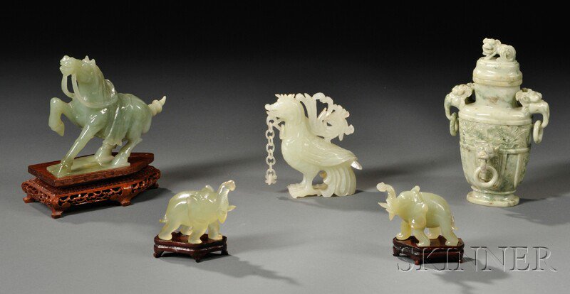 Appraisal: Five Hardstone Carvings China two elephants ht with stands horse