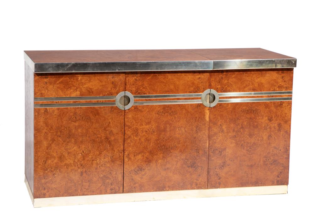 Appraisal: Pierre Cardin Brass-Mounted Burl Wood Sideboard signed banded case three