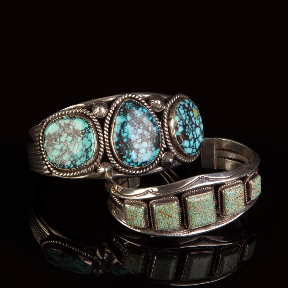 Appraisal: DIN NAVAJO PAIR OF SILVER AND TURQUOISE CUFF BRACELETS SILVER