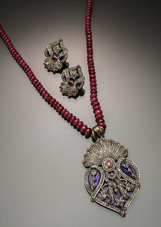 Appraisal: Indian Gold Silver Diamond Ruby and Enamel Three-Piece Ensemble Consisting