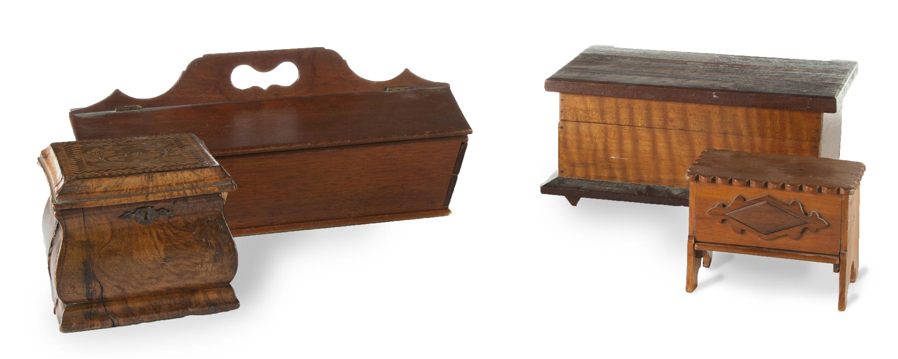 Appraisal: FOUR BOXES European and American th century Walnut lidded cutlery