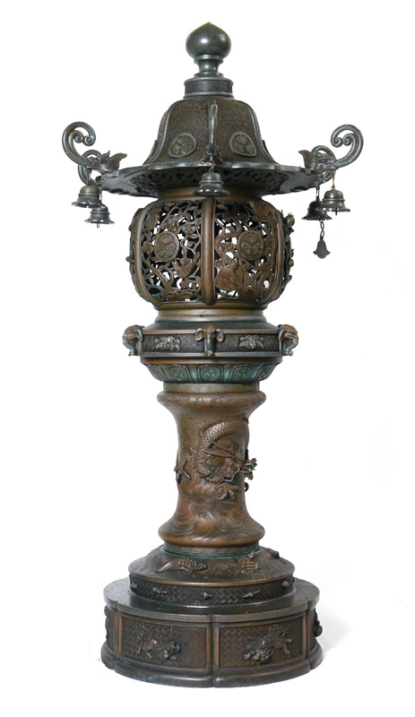 Appraisal: JAPANESE BRONZE LANTERN Wonderfully detailed with peacocks and wrens fish