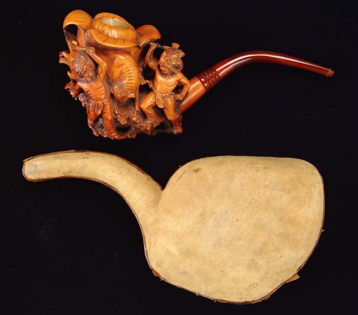 Appraisal: OUTSTANDING CASED MEERSCHAUM PIPE The large bowl has two Indians