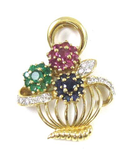 Appraisal: RUBY EMERALD SAPPHIRE AND DIAMOND PENDANT k yellow gold set