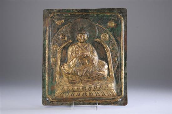 Appraisal: SINO-TIBETAN GILT COPPER BUDDHIST PLAQUE th century Repouss to depict