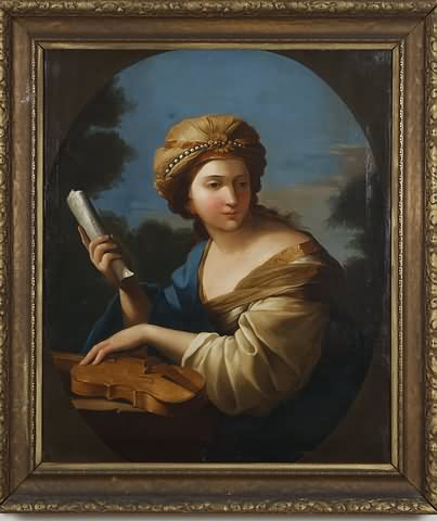 Appraisal: Woman holding scroll and violin wearing turban oil on canvas