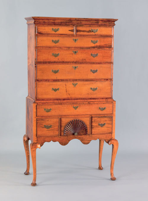 Appraisal: New England Queen Anne curly maple high chest ca the