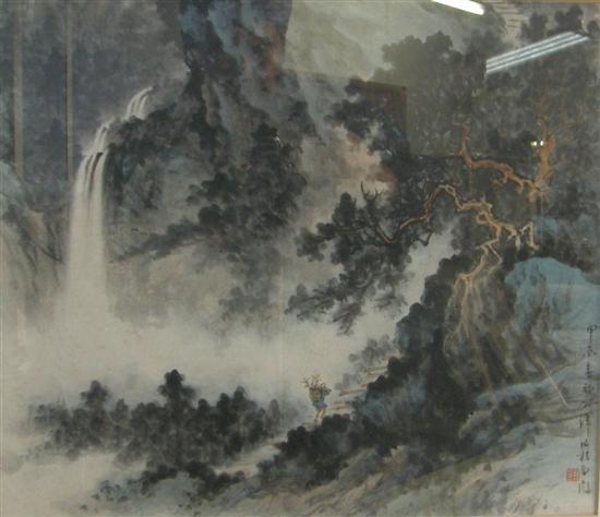 Appraisal: A Japanese watercolour of a man climbing steps signed h