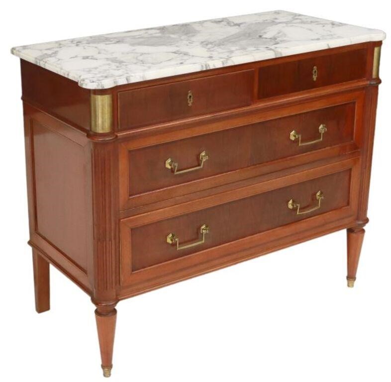 Appraisal: French Louis XVI style mahogany commode th c shaped marble