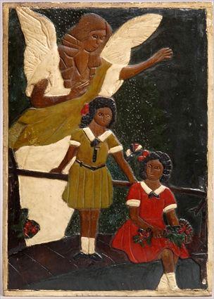 Appraisal: FOLK ART PAINTED AND RELIEF-CARVED PANEL Showing an angel with