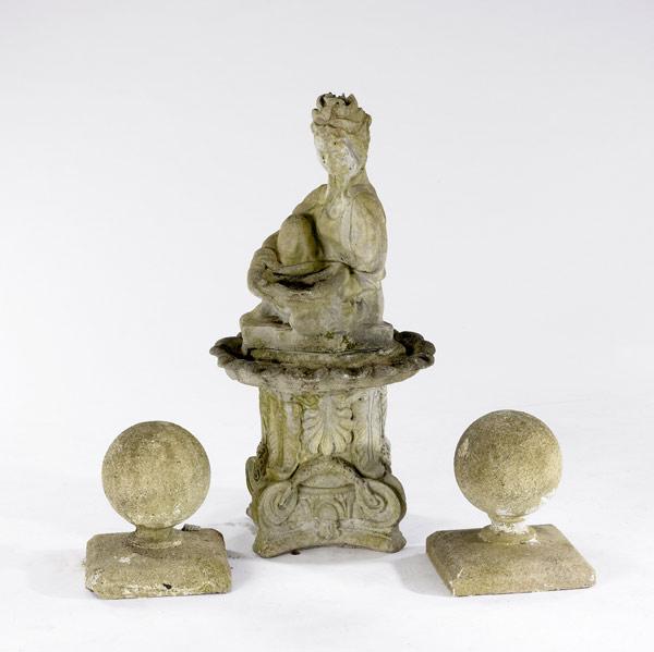 Appraisal: GARDEN STATUARY Two ball finials together with figural sculpture fountain