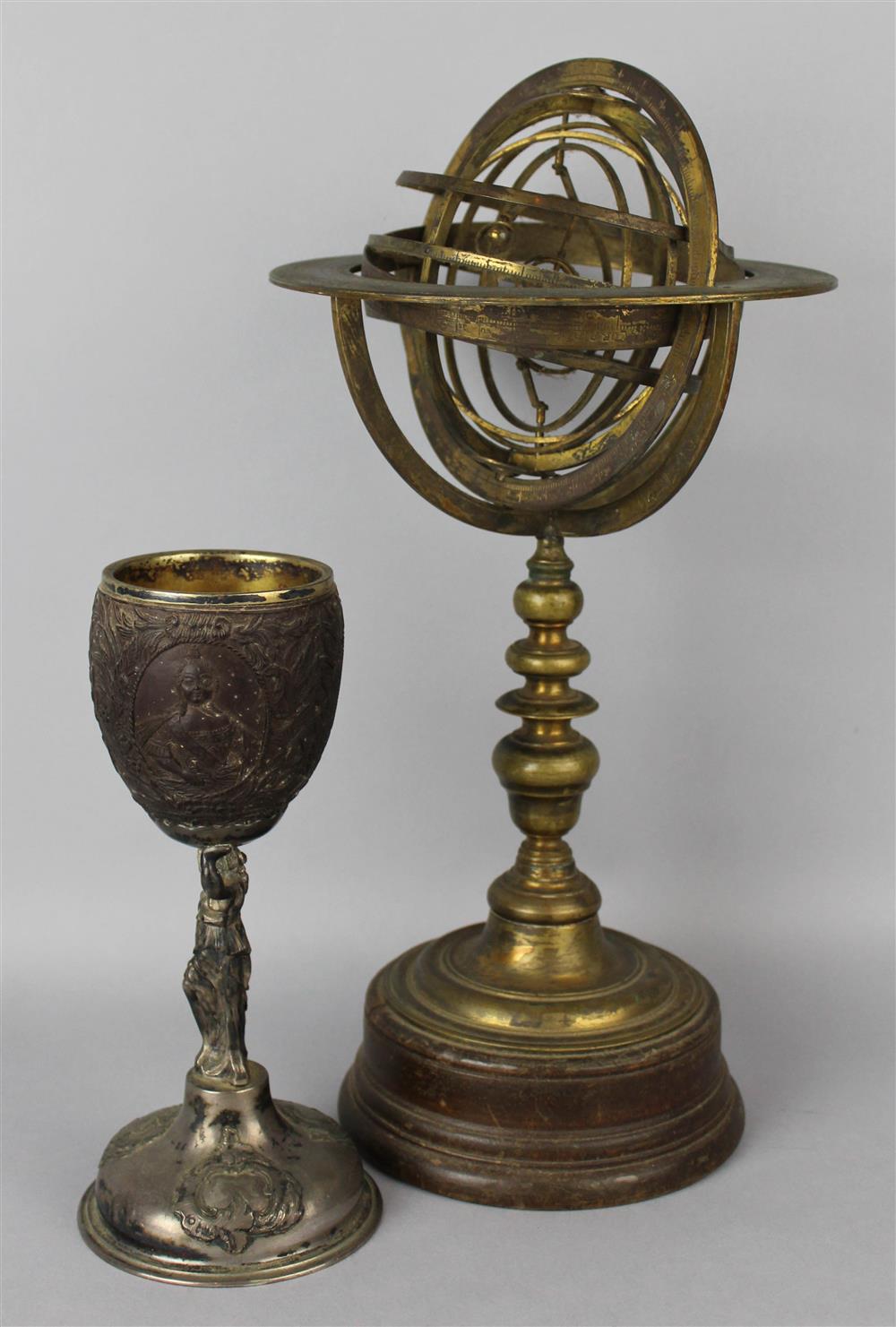 Appraisal: GILT BRASS AND WOOD ARMILLARY SPHERE WITH TWO ORBS WITHIN