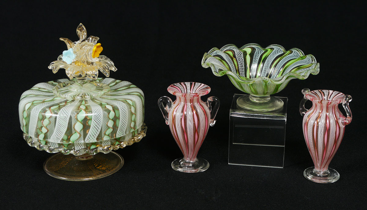 Appraisal: PIECE GROUP MURANO LATTICINO GLASS pieces total to include Covered