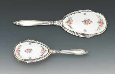 Appraisal: Silver and Enamel Brush and Mirror Vanity Set A mid