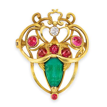 Appraisal: Art Nouveau Gold Carved Green Glass Cabochon Ruby and Diamond