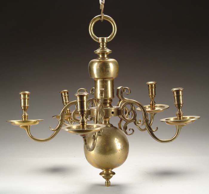 Appraisal: GOOD DUTCH BRASS FIVE LIGHT CHANDELIER Central heavy turned post