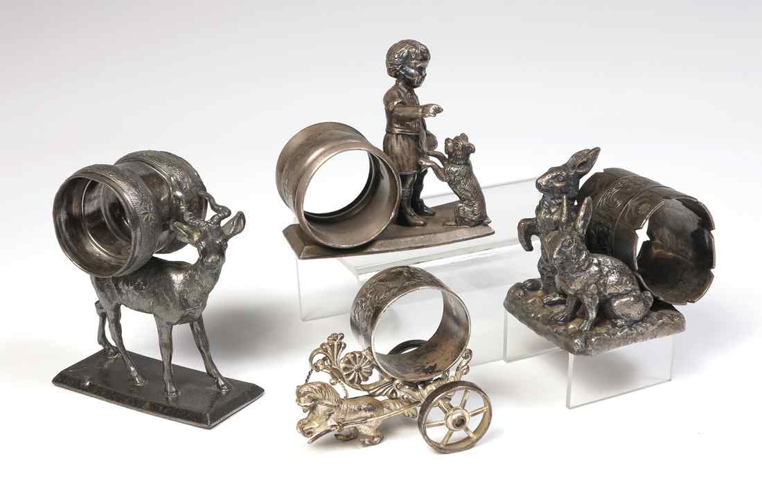 Appraisal: FIGURAL ANIMAL SILVERPLATE NAPKIN RINGS total pieces to include Meriden