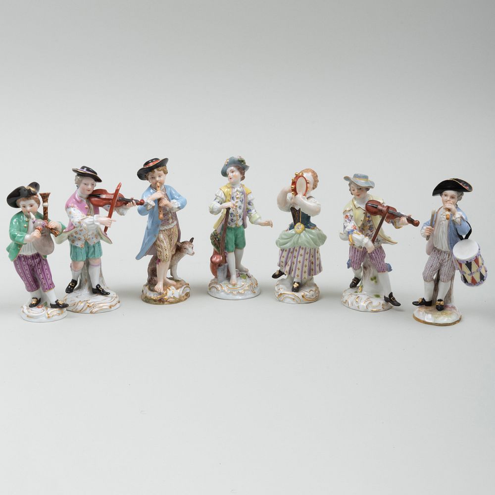 Appraisal: Group of Seven Meissen Porcelain Figures Each with blue crossed