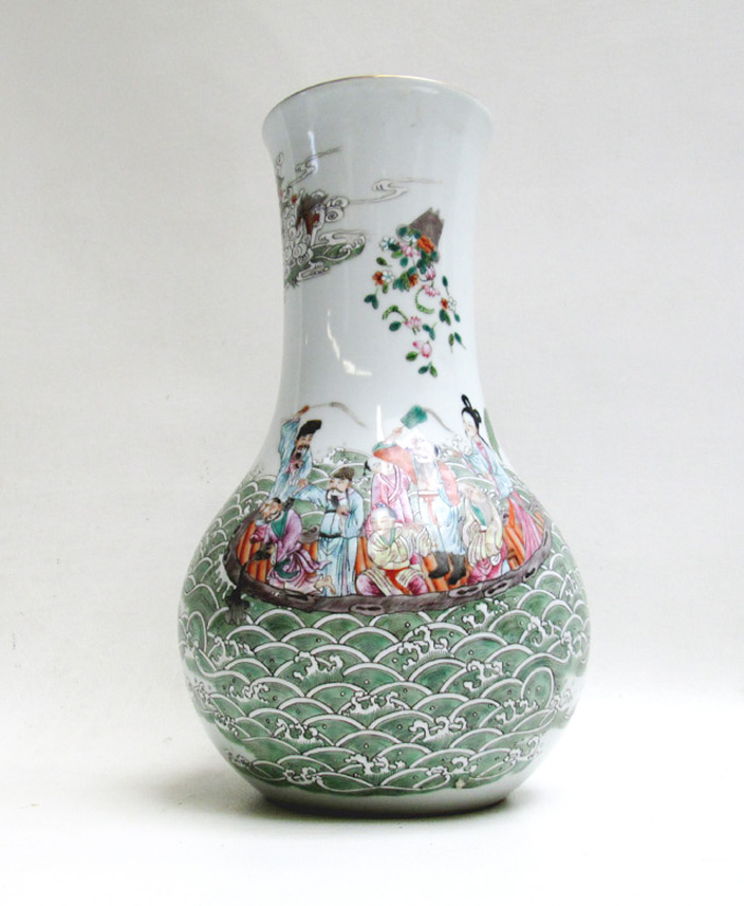 Appraisal: CHINESE QING FAMILLE VERTE low shoulder vase featuring a narrative