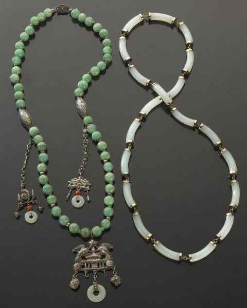 Appraisal: Chinese carved jade necklaces with aventurine beads and silver pendants